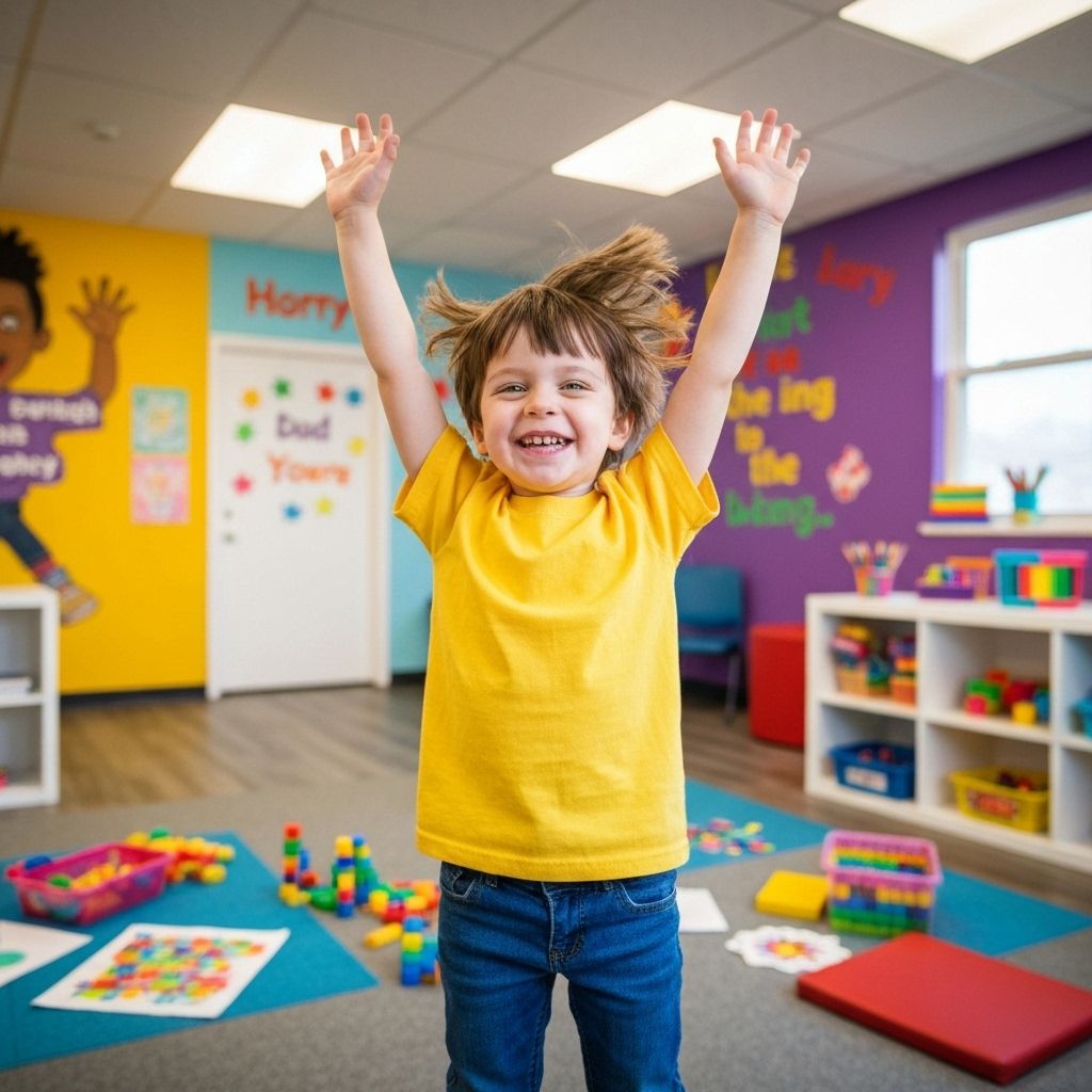 Joyful child celebrating a breakthrough moment with their ABA therapist